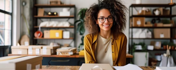 Confident young woman with curly hair and glasses standing at her desk in a well-decorated creative workspace