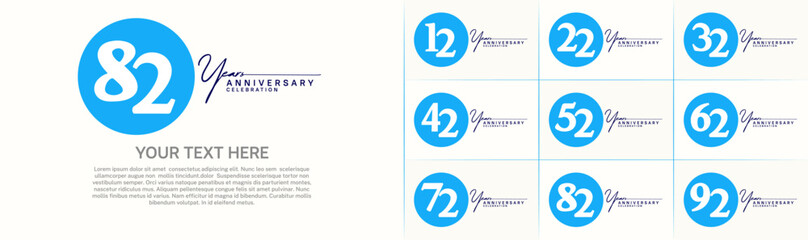 anniversary logotype set vector, blue color circle for special day celebration
