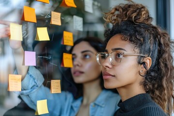 Two focused colleagues closely examining adhesive notes on a glass wall, engaged in a brainstorming session