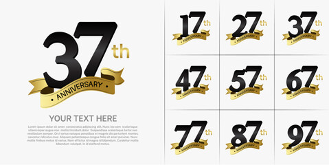anniversary logotype set vector, black color and gold ribbon for special day celebration