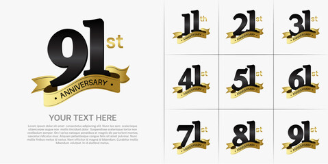 anniversary logotype set vector, black color and gold ribbon for special day celebration