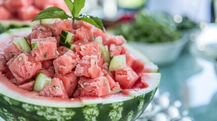 A refreshing watermelon sorbet served in a carved out watermelon bowl adds a fun twist to the event.