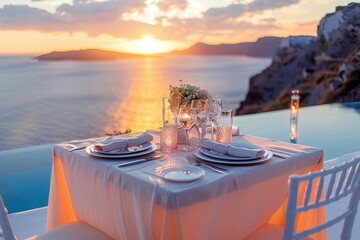 An elegant table setting for two with an ocean backdrop, perfectly aligned for a sunset dining experience