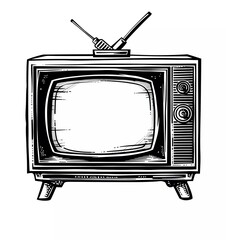 vintage tv with blank screen, hand drawn vector illustration in rough sketch style on white background