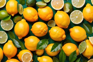 Whole fresh lemons and limes with leaves, background pattern backdrop