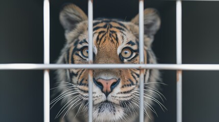 Tiger in cage looking forward.