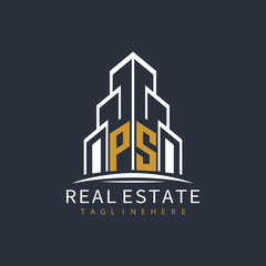 initial monogram logo for real estate with building shape creative design	
