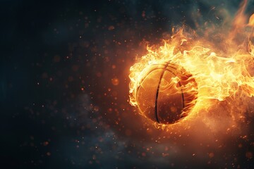 Fototapeta premium Dramatic fiery basketball in action, blazing against a dark background with sparks flying, symbolizing intense sports competition and energy.