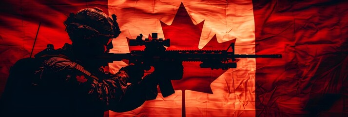 The flag of Canada and the silhouette of a soldier aiming their weapon