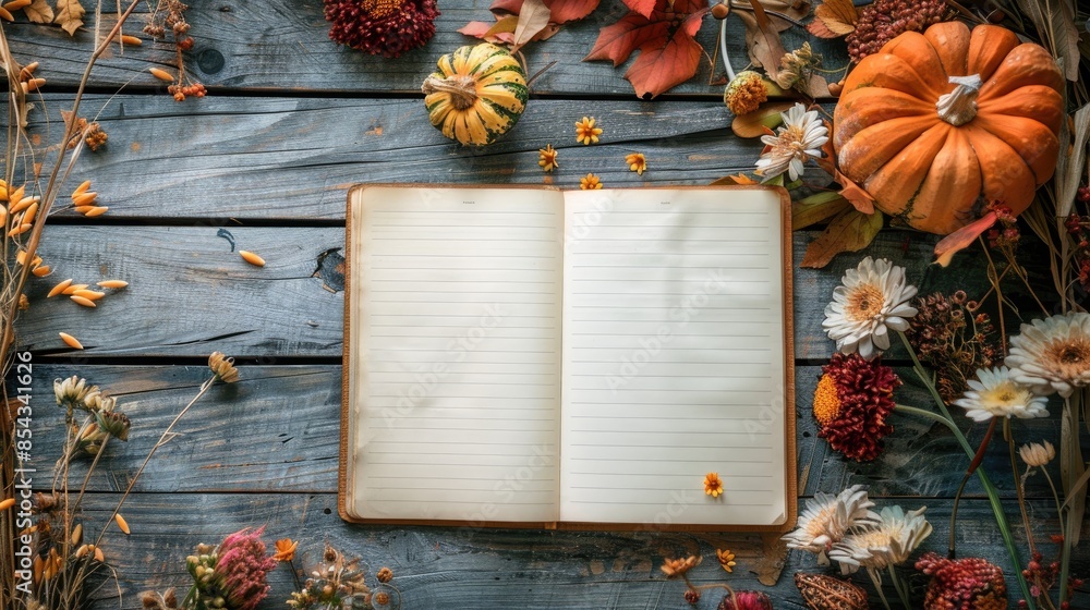 Poster autumn pumpkin and dry flower arrangement on wooden table with notebook mockup