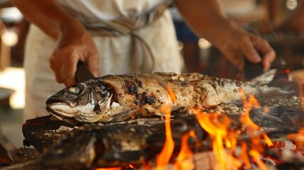 With the instructors guidance the tourists try their hand at grilling local fish over hot coals creating a mouthwatering aroma.