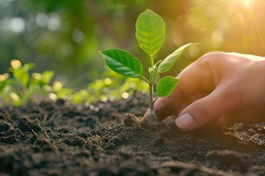 Hand planting a young tree in fertile soil, symbolizing reforestation and carbon offset, close-up with natural sunlight, sustainability and growth theme with forest background