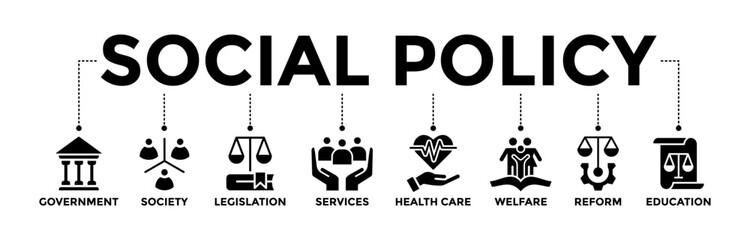 Social policy banner icons set. Vector graphic glyph style with icon of government, society, legislation, services, health care, welfare, reform, and education