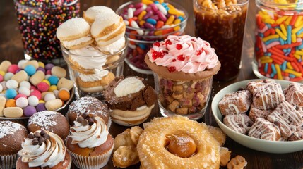 A delightful array of sugary and processed foods, featuring an assortment of colorful donuts topped with sprinkles, chocolate glaze, and icing. 