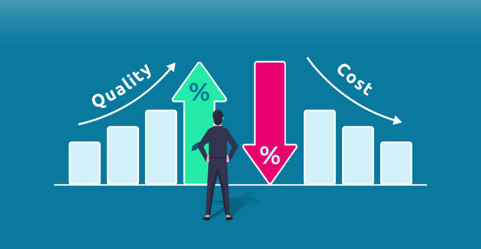 Quality increase and cost optimization to improve efficiency and profit. Businessman with quality control growth graph and cost reduction, Effective business, Efficient Risk