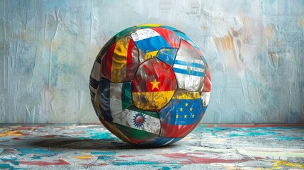 A soccer ball with flags from many countries on it
