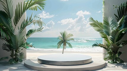 Fototapeta premium Elegant empty podium with palm leaf accents, positioned on a breathtaking seascape backdrop, perfect for product display, natural lighting, tranquil beach setting, photorealistic detail