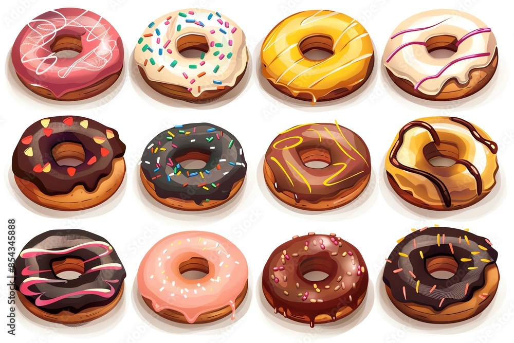 Wall mural a view of 32-bit donuts, in a vector cartoon style, isolated white background