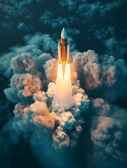 Dramatic Rocket Liftoff with Billowing Smoke Plumes Against Dark Sky Background