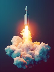 Dramatic Rocket Launch Ascending Through Billowing Smoke Clouds on Dark Background
