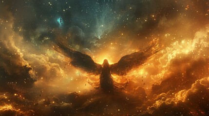 Fototapeta premium A golden bird is flying through a starry sky