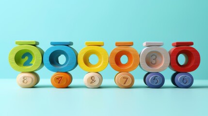 Wooden toy train with numbers, set on a pastel blue background, early learning for babies and toddlers, child development, learn to count concept, vibrant colors, photorealistic detail