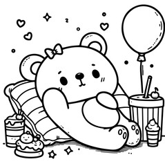 Cute Bear Enjoying a Cozy Party with Sweets and Balloons