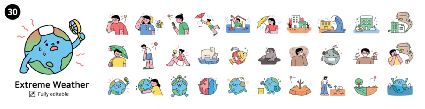 Warnings about natural disasters and environmental pollution caused by climate change. People and animals suffering. outline simple vector illustration mega set.