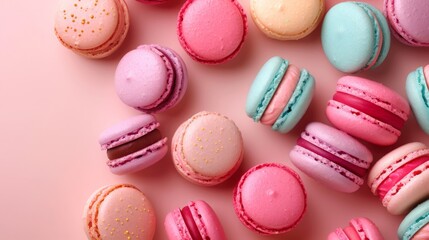 Obraz premium Macaroons on a table and plate, categorized under French desserts, colorful and delightful, with pink, white, and green hues, isolated and tempting