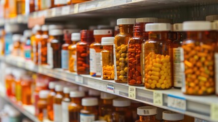 The shelves filled with various bottles of medication, likely in a pharmacy or a drug store. 