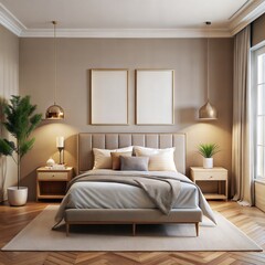 modern big frame on the wall  in the bedroom beige details
