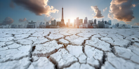 Dryness, Global Warming Concept with digital icons like water, farm, land, weather, sun, rain, fire, dryness