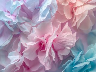 Close-up of soft, pastel-colored petals in shades of pink, blue, and lavender, creating a delicate and serene effect.