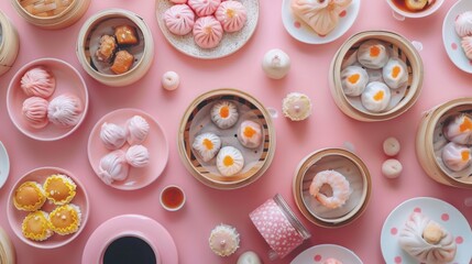 Chinese food set, appetizers, dim sum, steamed dishes, snacks in baskets