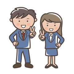 笑顔でピースをする男女ビジネスマンの全身イラスト_紺スーツ