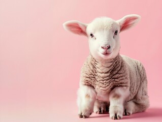 Fototapeta premium Adorable lamb with soft, fluffy wool against a pastel pink background, evoking a sense of innocence and cuteness.