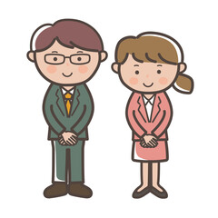 接客ポーズの若い男女会社員の全身イラスト
