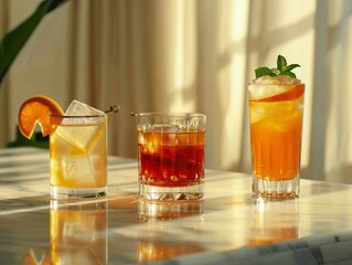 Three refreshing cocktails with different garnishes on a sunlit table, showcasing a variety of colours and flavours.