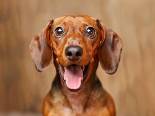 Close-up portrait of a happy dachshund dog with expressive eyes and a joyful expression, set against a neutral background.