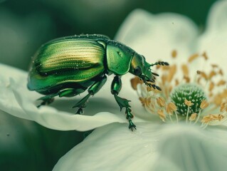 Close-up of a vibrant green beetle on a white flower, highlighting the intricate details and contrast of colors.
