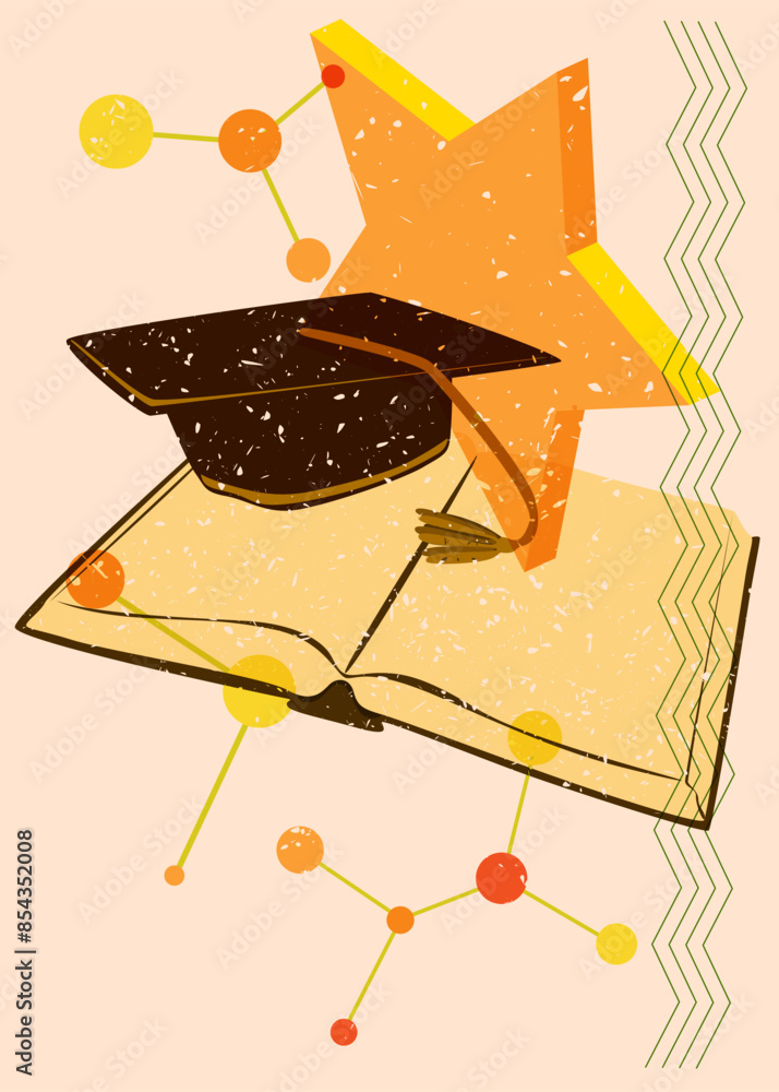 Poster risograph book and graduation cap with geometric shapes. objects in trendy riso graph print texture 