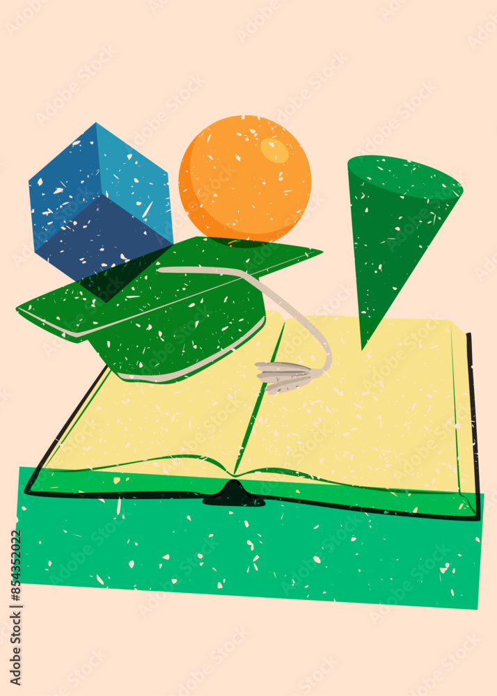 Poster risograph book and graduation cap with geometric shapes. objects in trendy riso graph print texture 