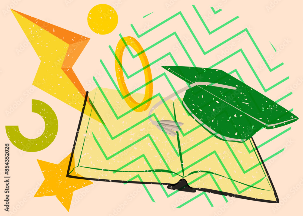 Poster risograph book and graduation cap with geometric shapes. objects in trendy riso graph print texture 