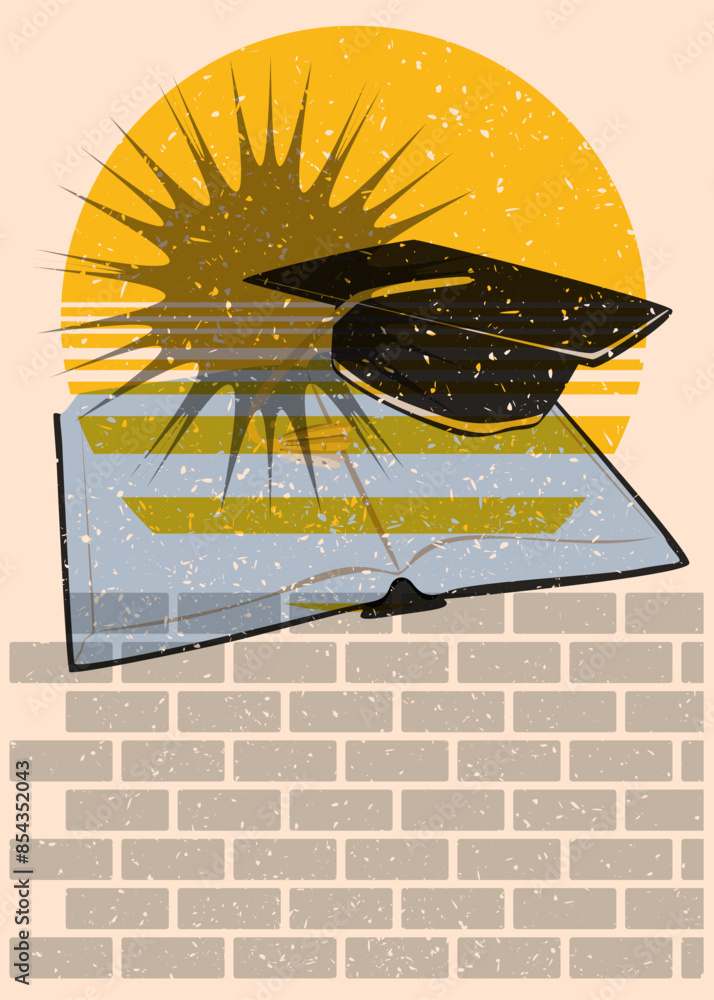 Poster risograph book and graduation cap with geometric shapes. objects in trendy riso graph print texture 