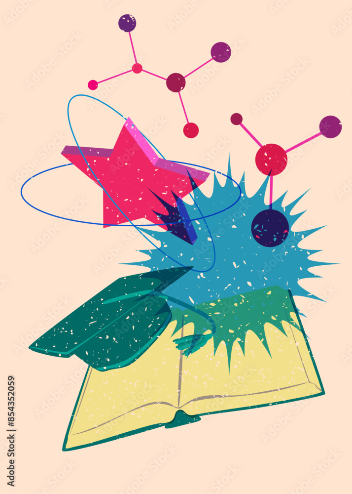 Poster risograph book and graduation cap with geometric shapes. objects in trendy riso graph print texture 