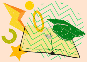 Obraz premium Risograph book and Graduation Cap with geometric shapes. Objects in trendy riso graph print texture style design with geometry elements.