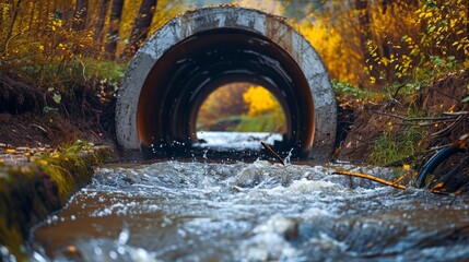 Urban water runoff flowing into a massive concrete culvert, detailed depiction of pollution and water management