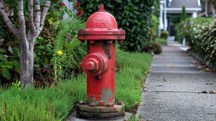 Vivid red fire hydrant on the sidewalk of a residential side street, picturesque suburban homes and gardens
