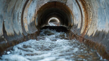 Water runoff entering a massive concrete culvert, showcasing urban infrastructure and environmental concerns, highly detailed