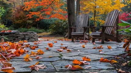 Weathered wooden patio chairs on a small stone patio, surrounded by colorful autumn leaves, rustic and serene